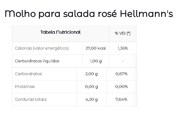 molho para salada tabela nutricional helmans rose